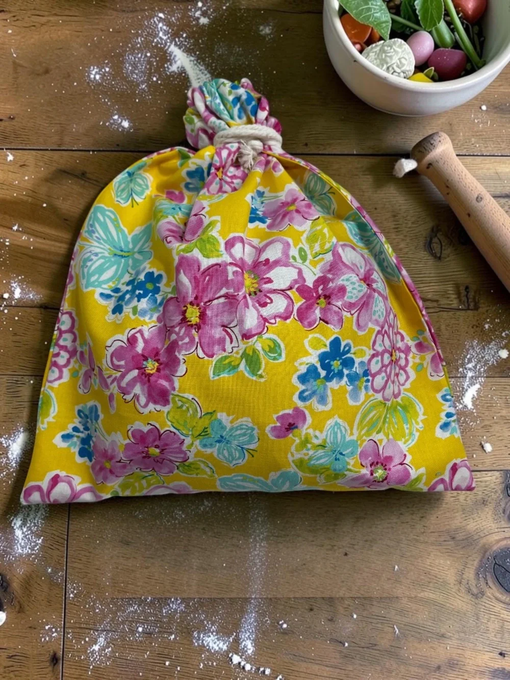 Floral Yellow Flower Bread Bag, Organic Reusable Cotton Sourdough Bread Bag